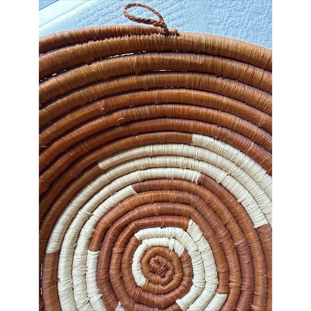 Hand Woven African Coiled Basket Bowl Wall Art Decor Brown Cream 10.75" D EUC - Picture 6 of 8